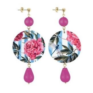 Lebole orecchino lungo The Circle Fuxia con fiori rosa e foglie
