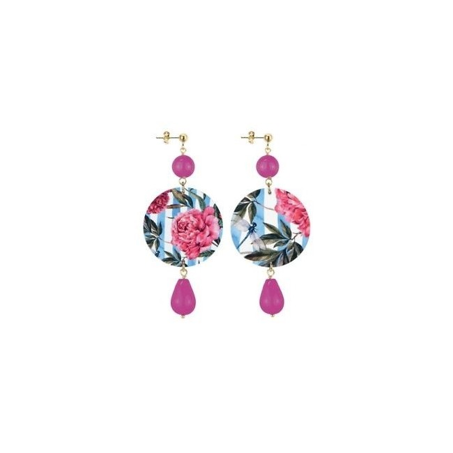 Lebole long earring The Circle Fuxia with pink flowers and leaves