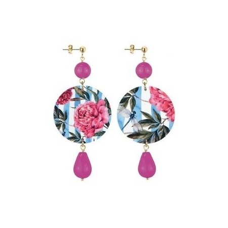 Lebole long earring The Circle Fuxia with pink flowers and leaves