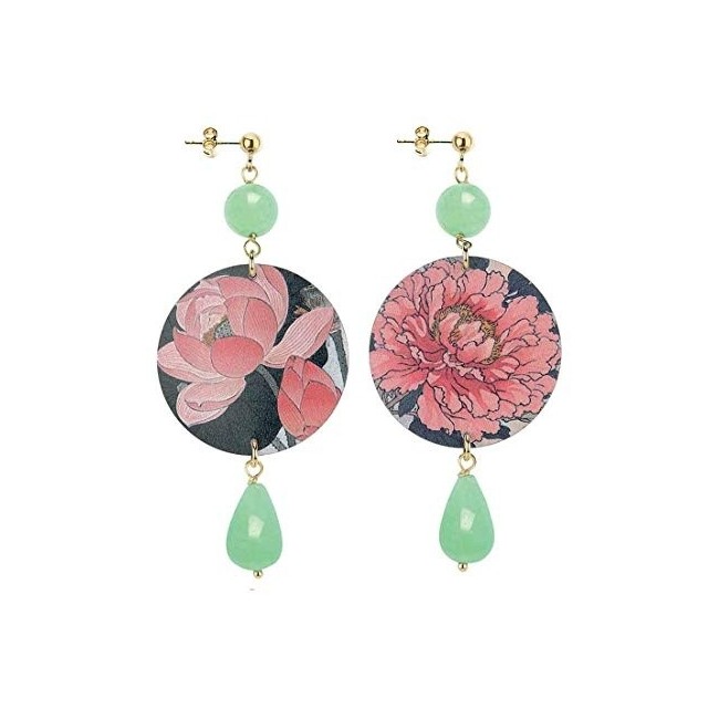 Lebole long earring The Circle Green jade with pink flowers