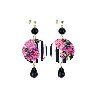 Lebole orecchino lungo The Circle onice nero fiori rosa a strisce