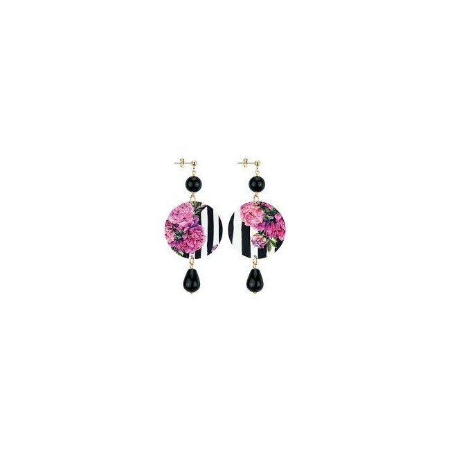 Lebole long earring The Circle black onyx pink striped flowers