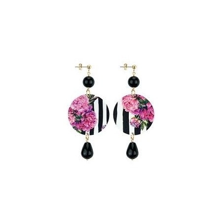 Lebole long earring The Circle black onyx pink striped flowers