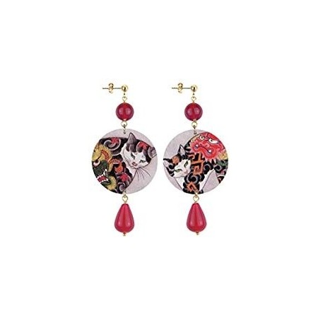 Lebole orecchino lungo The Circle Rosso Rubino fantasia gatto