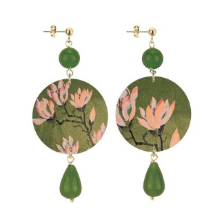 Lebole long earring The Olive green circle and pink lotus flower