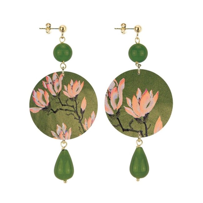 Lebole long earring The Olive green circle and pink lotus flower