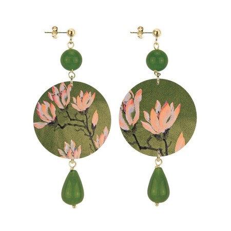 Lebole long earring The Olive green circle and pink lotus flower