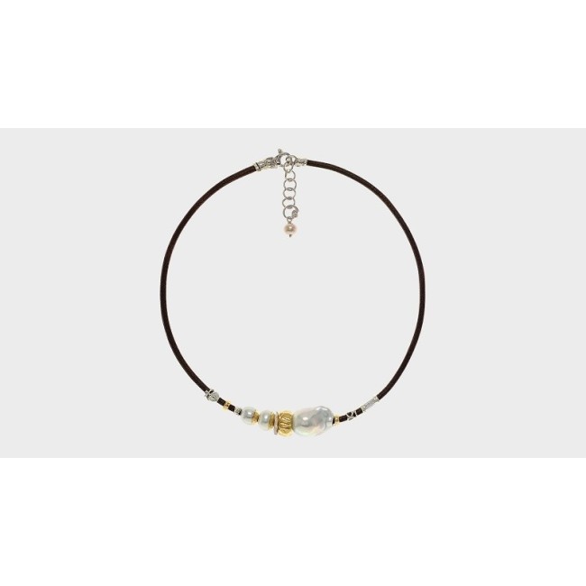 Collana Misani gioielli Aurora con oro, argento, perle e cuoio toscano