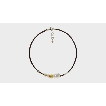 Collana Misani gioielli Aurora con oro, argento, perle e cuoio toscano
