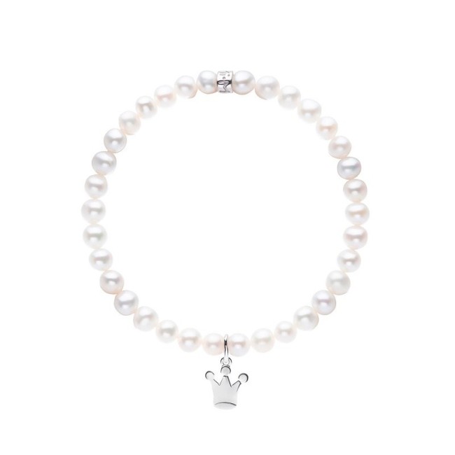 Elastisches Mimi-Armband mit weißen Perlen und großer Krone