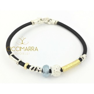 Bracciale Misani gioielli Accenti in cuoio con oro, argento ed Acquamarina