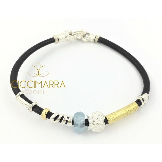 Bracciale Misani gioielli Accenti in cuoio con oro, argento ed Acquamarina
