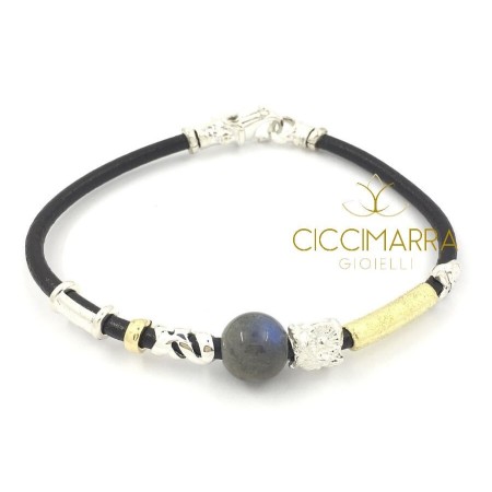 Bracciale Misani gioielli Accenti in cuoio con oro, argento e Labradorite