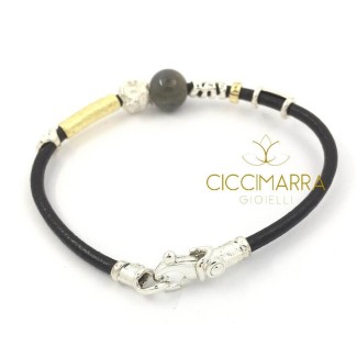 Bracciale Misani gioielli Accenti in cuoio con oro, argento e Labradorite 2