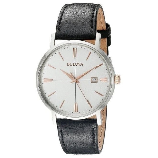 Bulova Aerojet Silver watch black leather strap 98B254