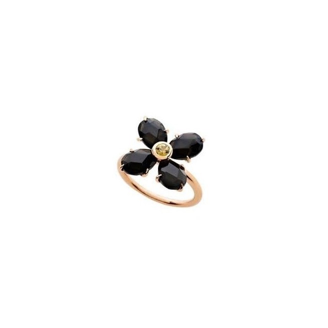 Mimì Bloom flower ring in gold with black Obsidian and yellow Sapphire
