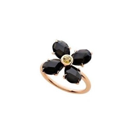 Anello Mimì Bloom a fiore in oro con Ossidiana nera e Zaffiro giallo