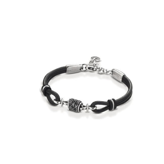 Ananda Armband aus silberschwarzem Leder und schwarzen Spinellen A-BR181N