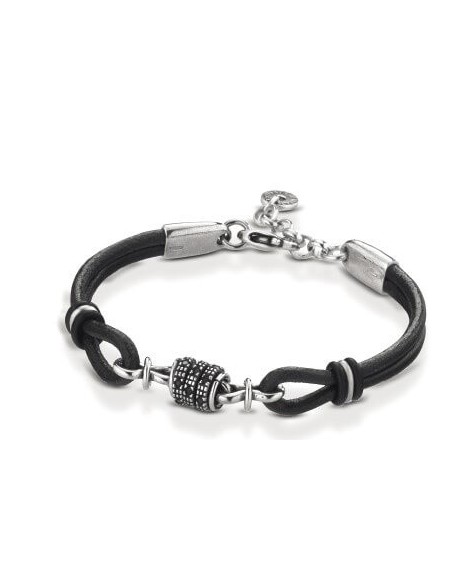 Ananda Armband aus silberschwarzem Leder und schwarzen Spinellen A-BR181N