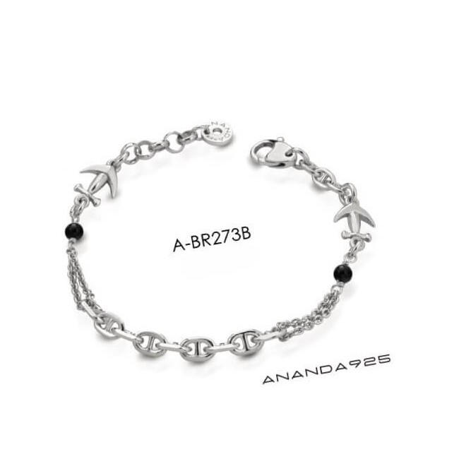Ananda men's silver bracelet with anchor and onyx A-BR273B