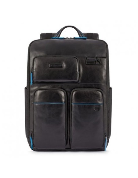 Piquadro Schwarzer Lederrucksack Blaue quadratische Linie CA5381B2V / N