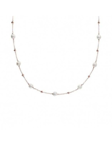 Lange Bronzallure-Halskette mit Perlen und roséfarbenen Kugeln WSBZ01006