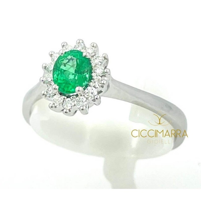 Anello con Smeraldo naturale ct0,35 in oro bianco e diamanti naturali