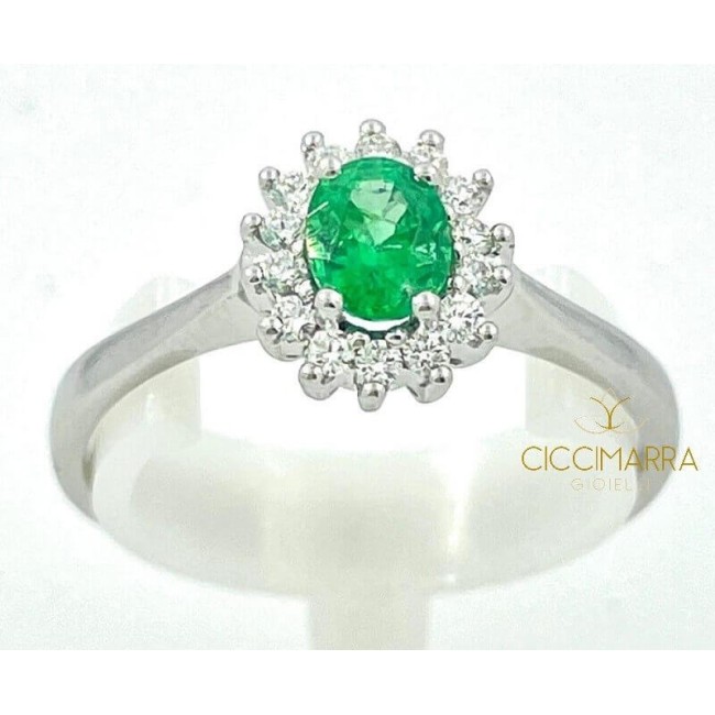 Ring mit natürlichem Smaragd ct0,35 in Weißgold und natürlichen Diamanten