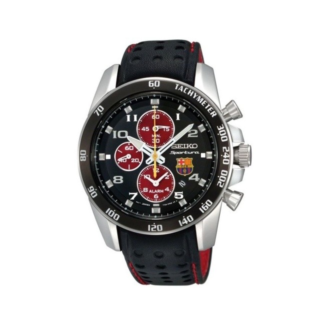 Seiko FC Barcelona Chrono Uhr aus schwarzem Leder – SNAE75P1