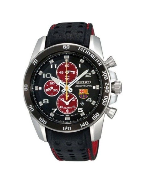 Seiko FC Barcelona Chrono watch in black leather - SNAE75P1