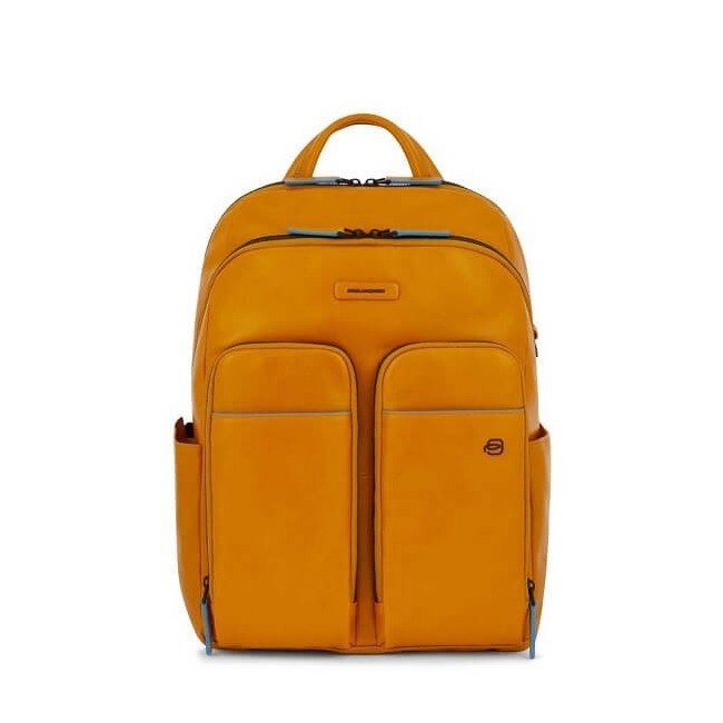 Piquadro Gelber Lederrucksack Blaue quadratische Linie CA5574B2V / SA