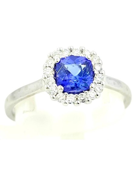 Anello con Tanzanite blu a cuscino 5x5mm e diamanti naturali