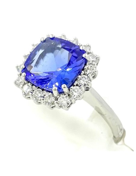 Anello con Tanzanite blu a cuscino 9x9mm e diamanti naturali