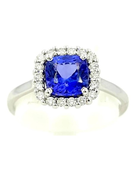 Ring with blue Tanzanite cushion 6x6mm and natural diamonds