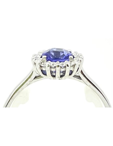 Ring with blue Tanzanite cushion 5x5mm and natural diamonds