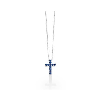 Miluna necklace with cross, in white gold and blue sapphires - CLD4263