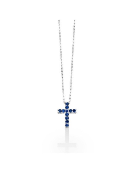 Miluna-Halskette mit Kreuz, aus Weißgold und blauen Saphiren – CLD4263
