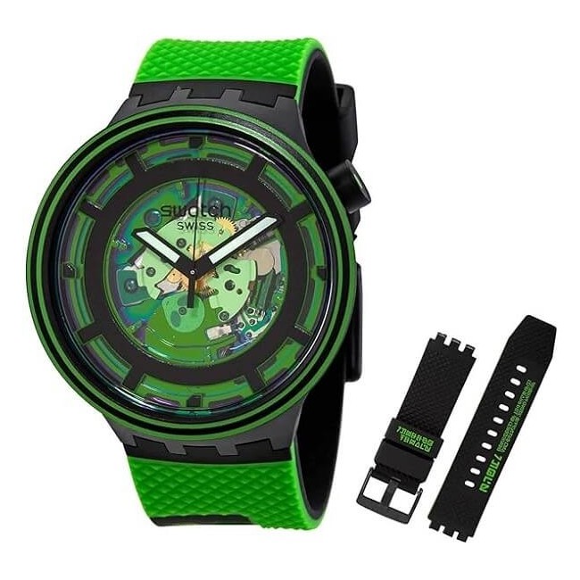 Swatch Come in Peace grün-schwarze Big Bold Uhr – SB01B125