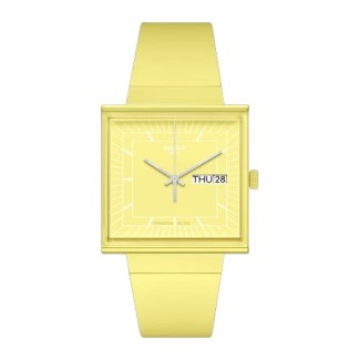 Swatch Bioceramic What If quadratische zitronengelbe Uhr SO34J700