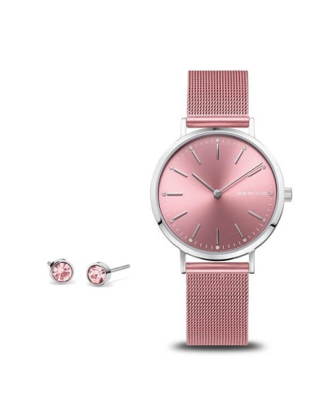 Rosafarbene Bering Charity-Uhr und Ohrringe – 14134999GWP