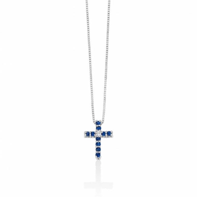 Miluna cross necklace in white gold, sapphires and diamond - CLD4566