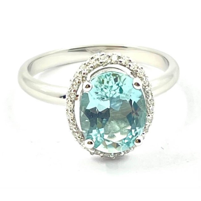 Anello con Acquamarina Verde ovale in oro e diamanti naturali