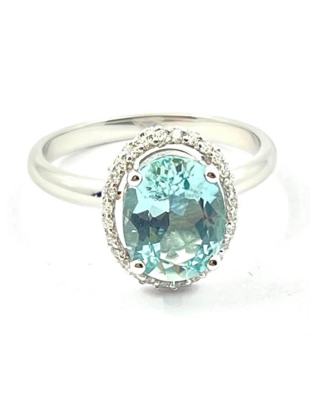 Ring with oval green aquamarine in gold and natural diamonds