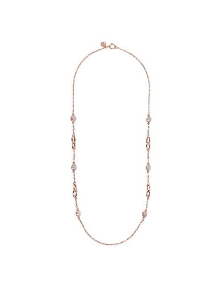 Bronzallure lange Halskette Rolokette mit Perlen und roséfarbenen Gliedern
