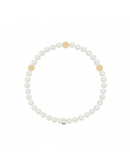 Mimì-Armband mit weißen Perlen und drei diamantbesetzten Kugeln aus Gelbgold