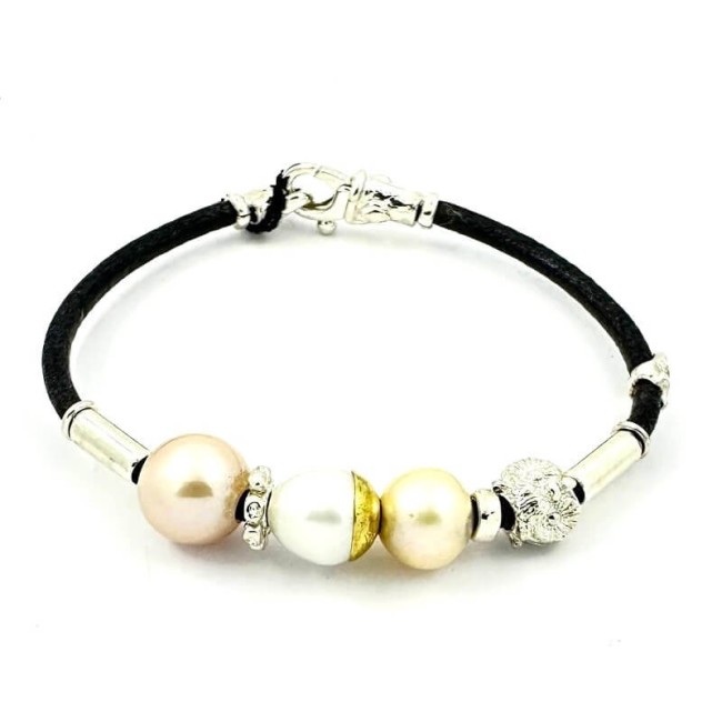 Misani Aurora Leather Bracelet with Pearls, Gold, and Silver - B2207PP