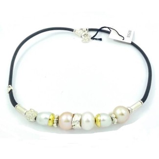 Misani Aurora Leather Necklace with Pearls, Gold, and Silver - C2181PP