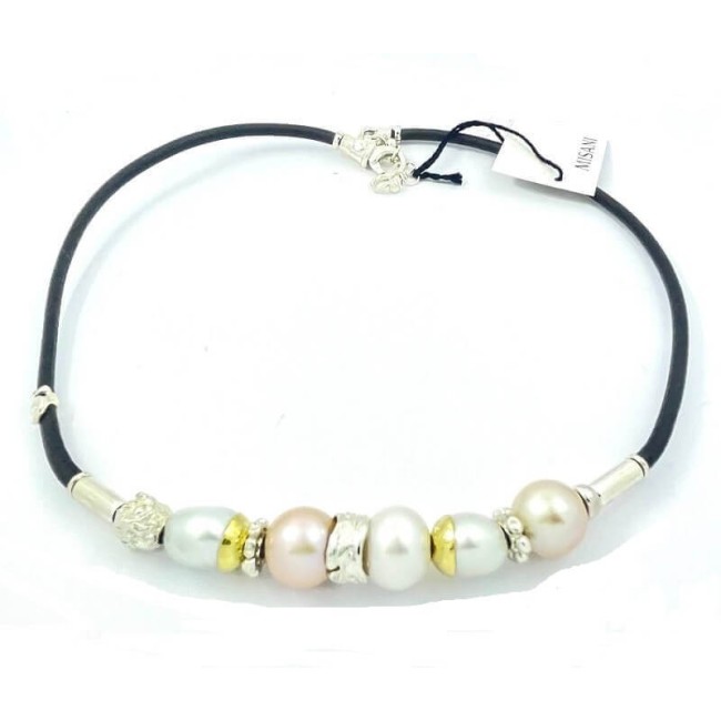 Collana Misani Aurora in cuoio con perle, oro ed argento - C2181PP