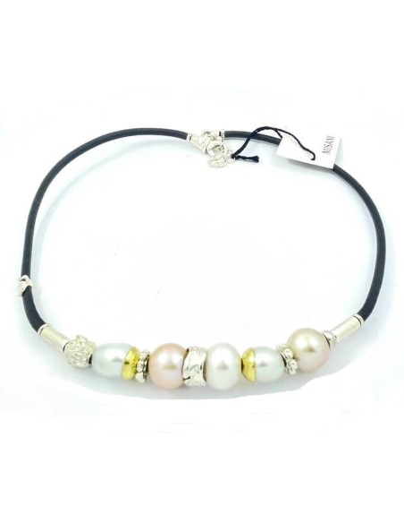 Misani Aurora Lederhalskette mit Perlen, Gold und Silber – C2181PP