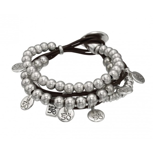 Bracciale Uno de50 uomo con pelle e metallo argentato - What a mess